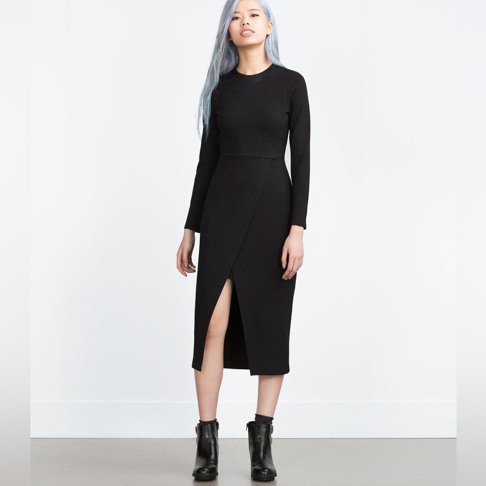 Zara | Women’s Trafaluc Black Long Sleeve Front Slit Bodycon Dress